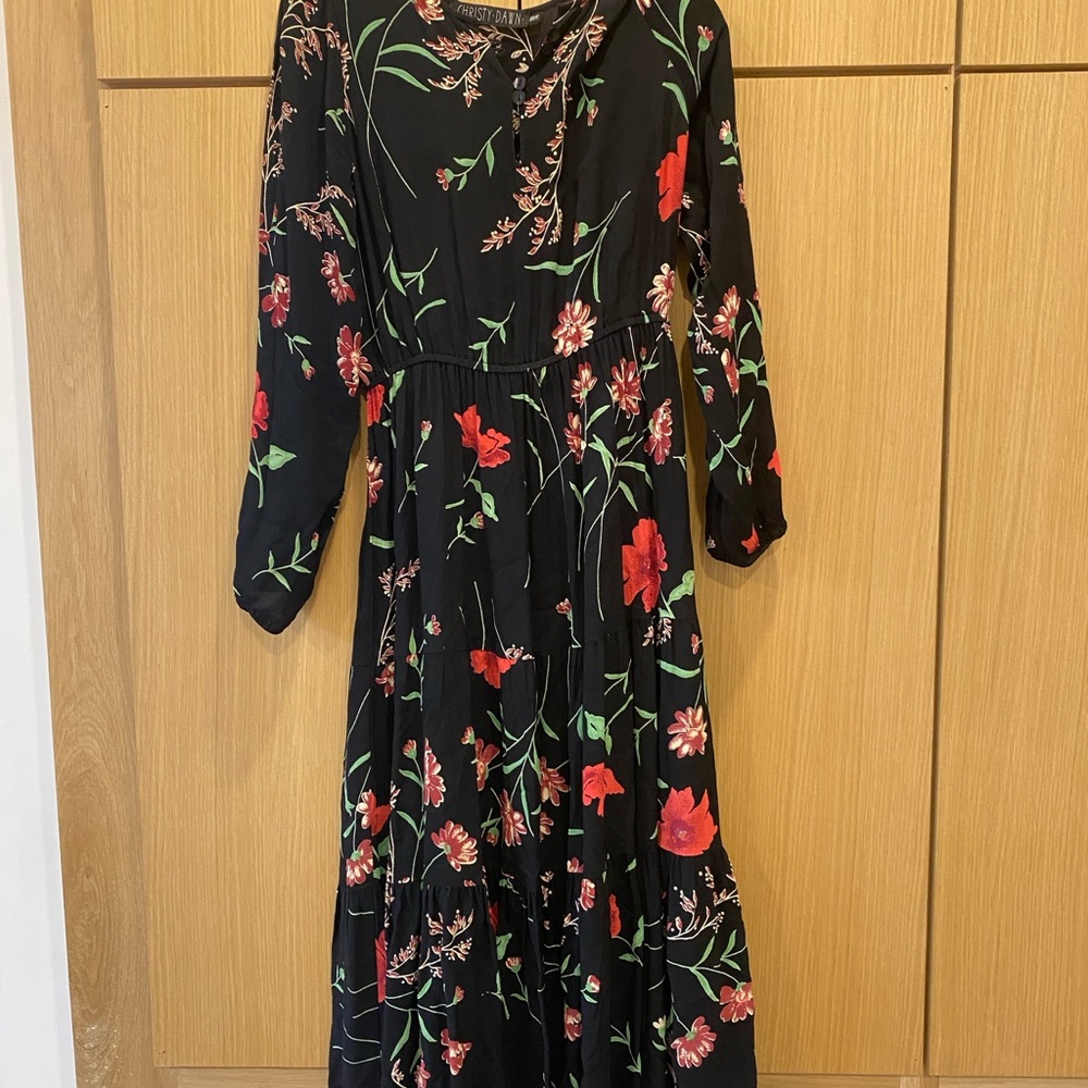 Christy Dawn Red White Green Maxi Dress with Long Bishop Sleeves and Cowl Neck